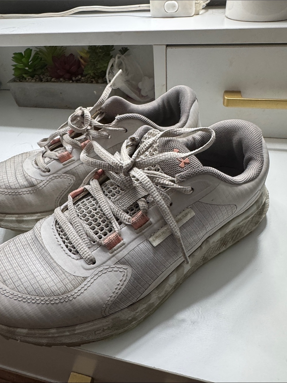 Under Armour Women's Light Beige Athletic Sneakers with Pink Accents